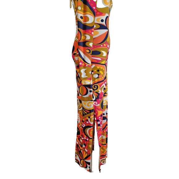 Zara Mod Printed Maxi Dress BodyCon Side Slits Stretch Retro 60s 70s Fitted XS - Picture 7 of 9